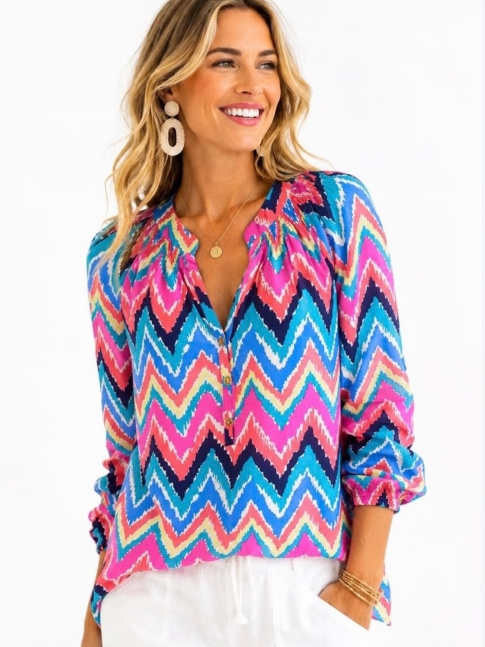 Lilly Pulitzer • 100% Silk Chevron Print Elsa Blouse • Size XS